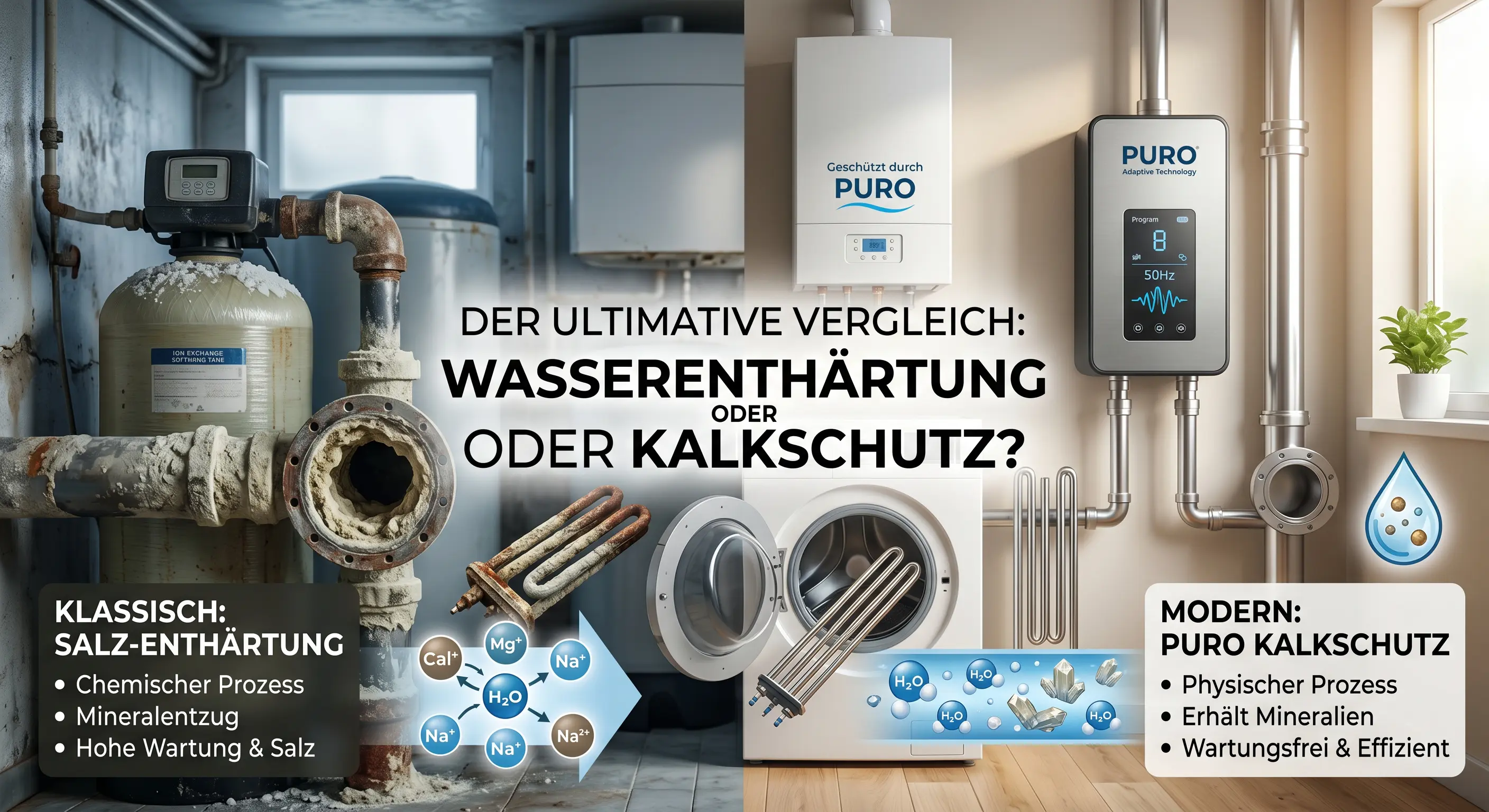 Vergleich Wasserenthärtungsanlage vs. Kalkwandler: Salz-Enthärtung und PURO Kalkschutz im direkten Überblick