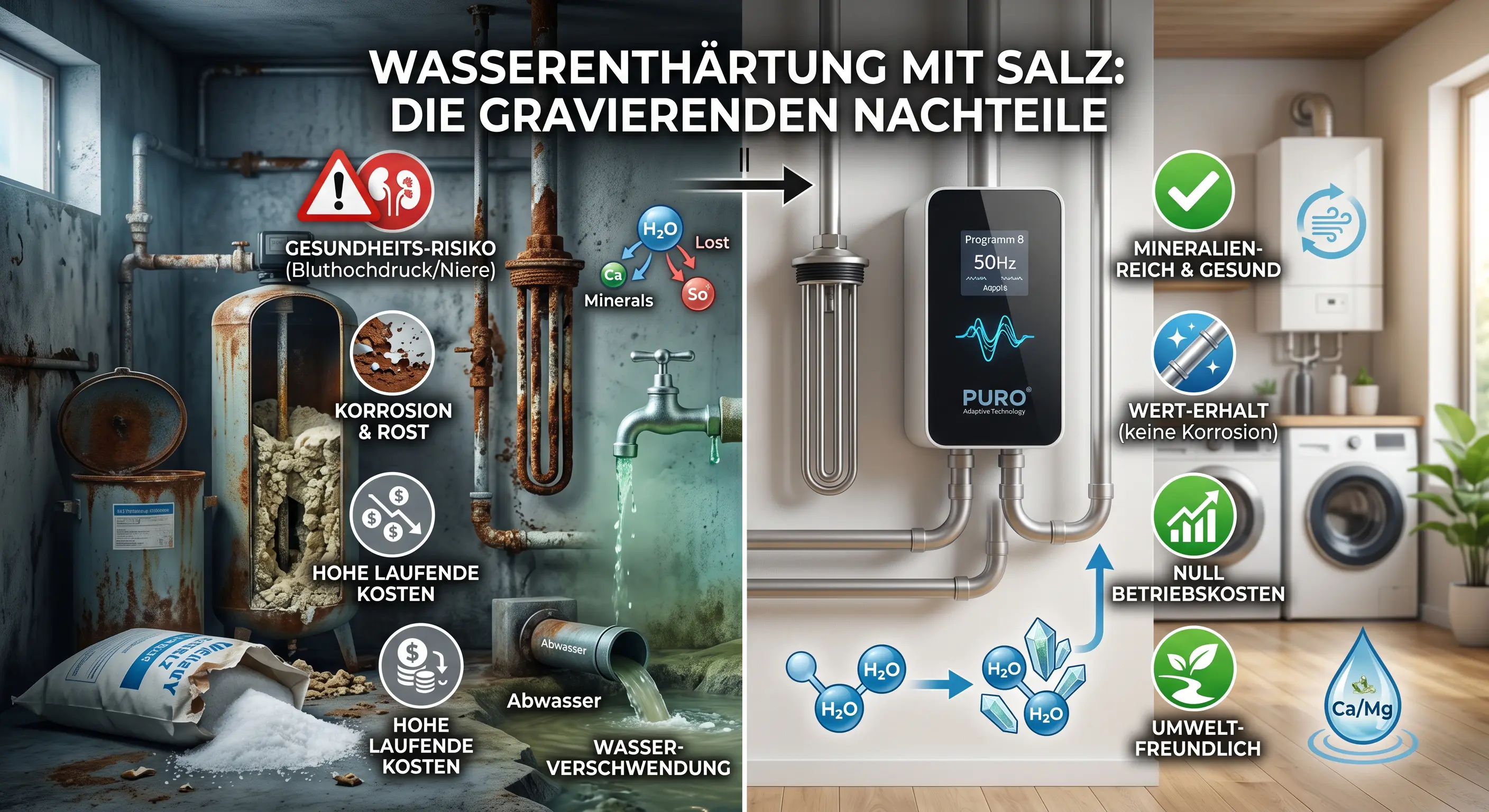 Nachteile der Wasserenthärtung mit Salz: Gesundheitsrisiko, Korrosion und Umweltbelastung im Vergleich zur PURO-Alternative