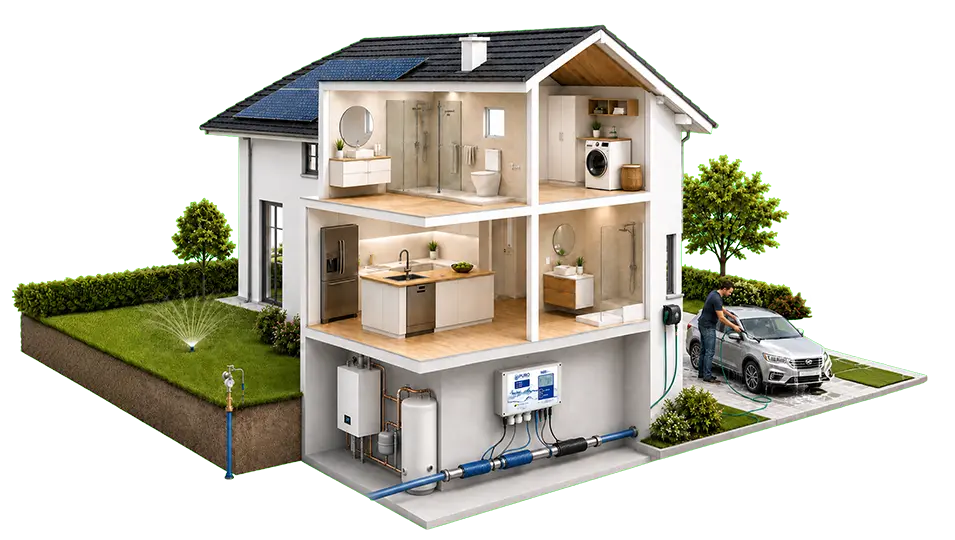 Isometrische Darstellung eines Hauses mit Anwendungsbereichen für PURO-Kalkschutz