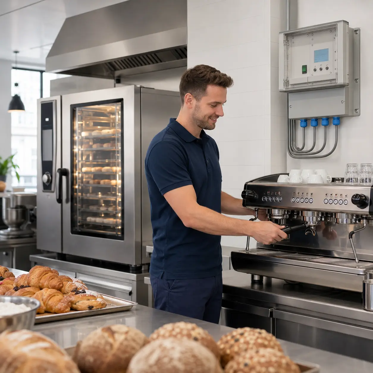 PURO I50 Kalkschutz in Bäckerei und Café – Espressomaschine, Kombidämpfer und Backwaren